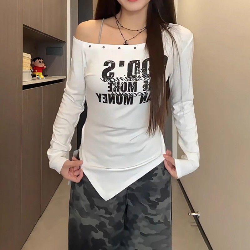 Women's Plus Size One-Shoulder Strappy Long-Sleeve Printed T-Shirt, Waist-Cinched, Slimming, Autumn Collection