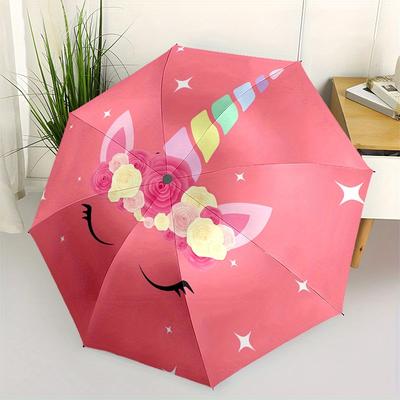 Unicorn Flower Crown Pink Kids Room Decor Wall Art Print Poster Umbrella, Portable 3 Fold Compact Umbrella for Men & Women,S83