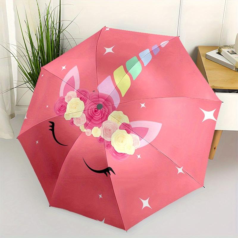 Cute Unicorn Floral umbrella with Automatic Open/Close - Pastel Pink, 3-Fold Compact, Lightweight Portable, for Girls, Women, Iron&8K