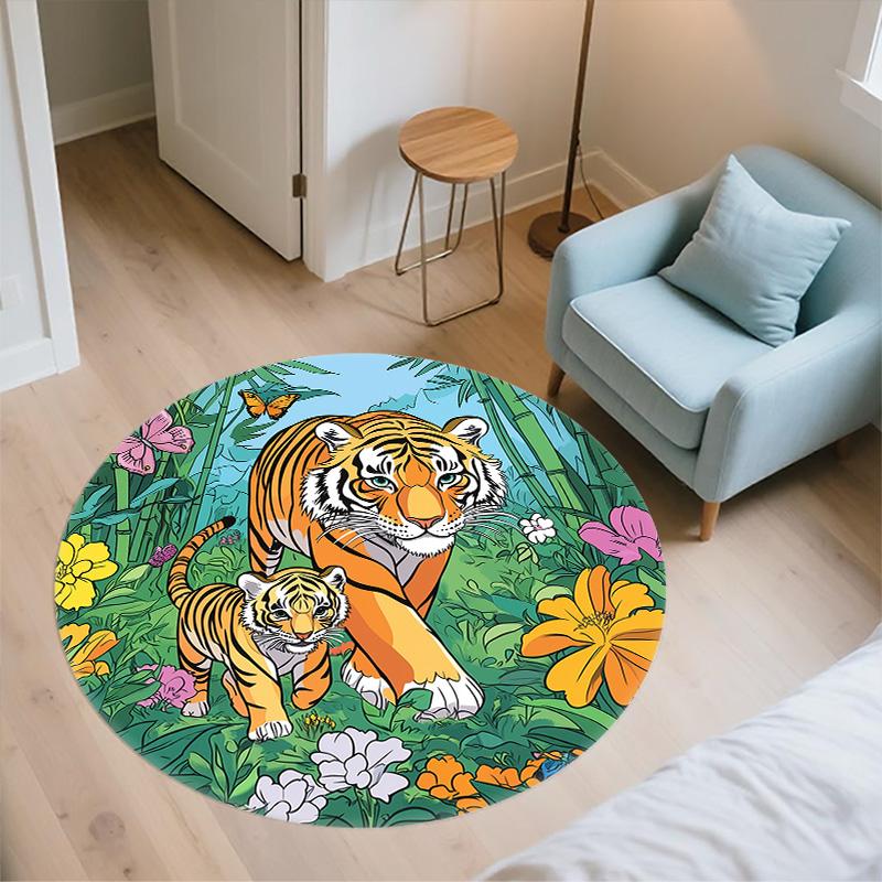 Bamboo Forest Tiger,Round Area Rug,Carpet Rug for Living Room Bedroom Sofa Playroom Decor,Non-slip Floor Mat
