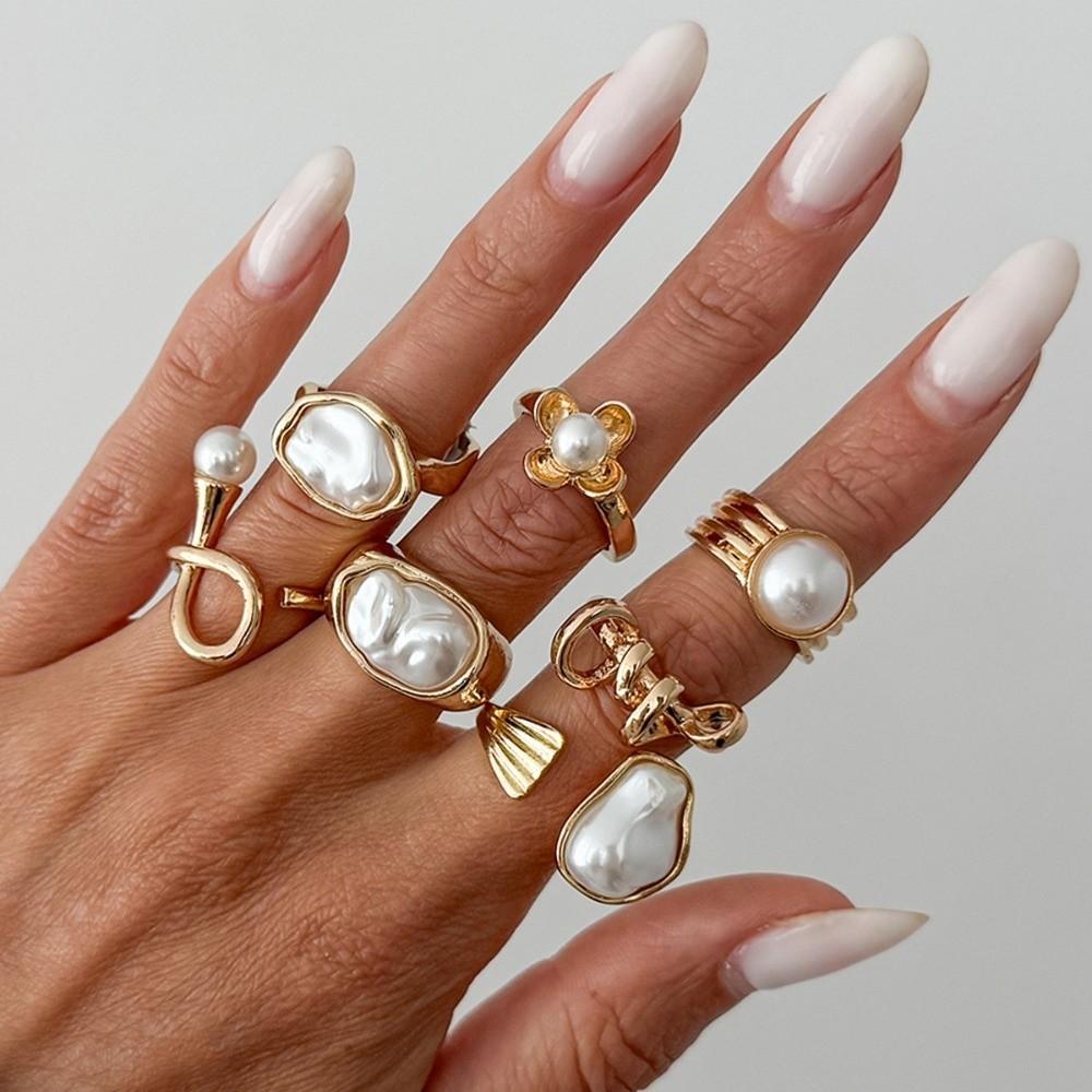 Baroque Imitate Pearl Finger Jewelry Flower Outline Bead Accessory Metal Ornament Holiday Outfit