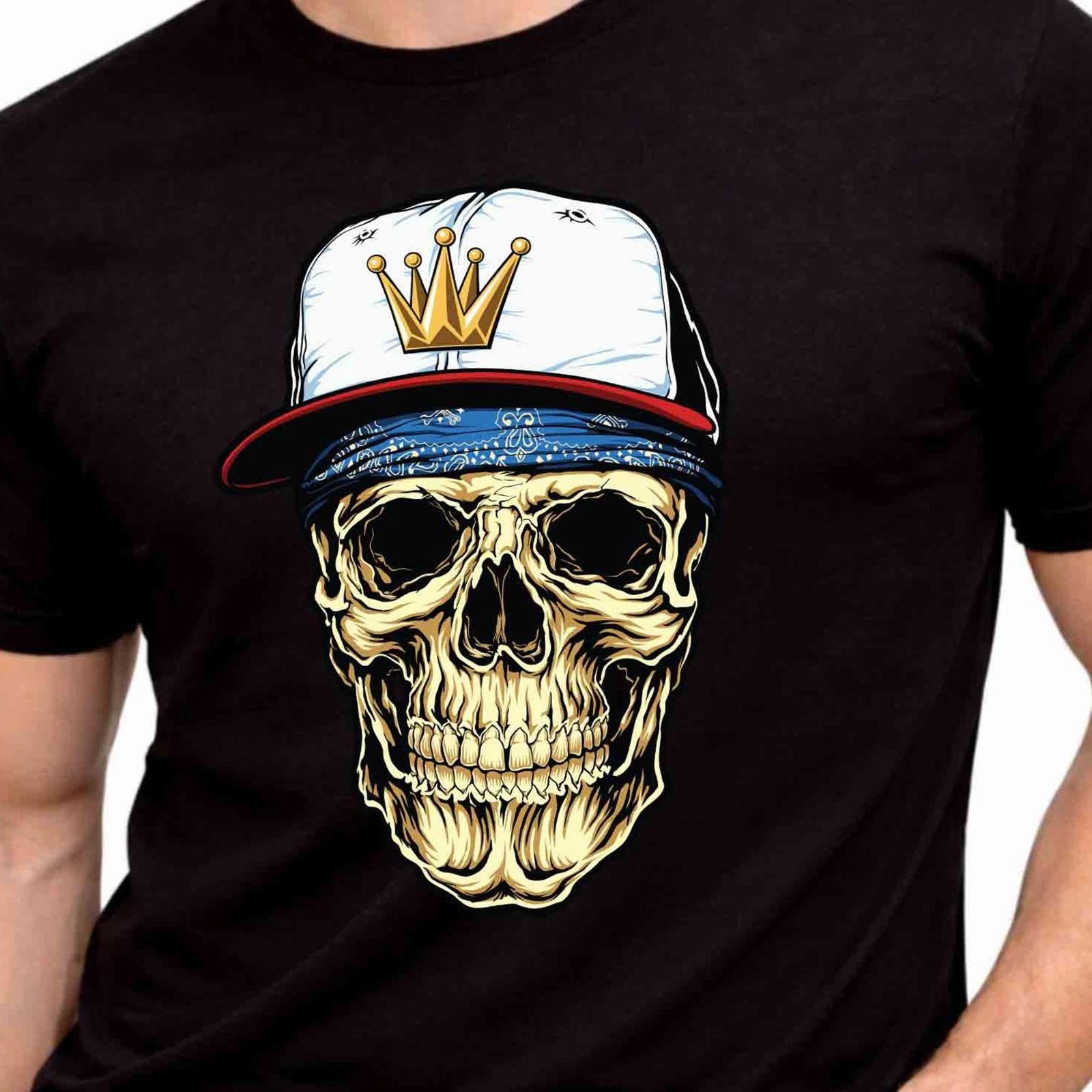 Skull King Crown Snapback Cap Bandana Hip Hop Graphic T-Shirt Street Wear Gift. L