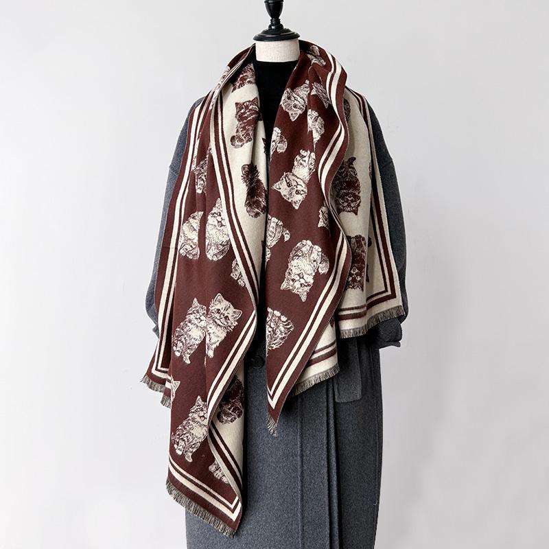 Cat Print Winter Warm Cashmere Scarf For Women Luxury Thick Blanket Shawl Wraps Pashmina Neckerchief Lady Poncho Echarpe