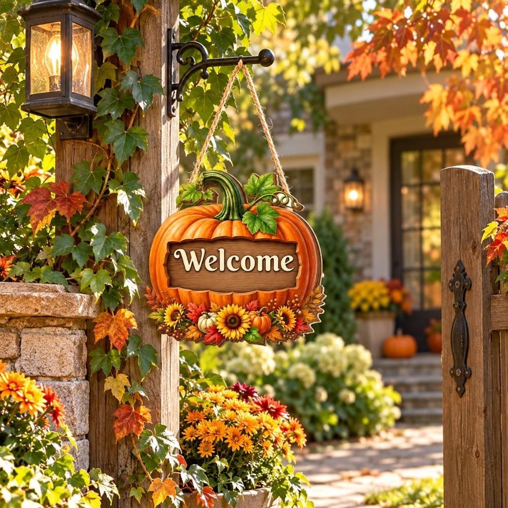 Pumpkin Welcome Hanging Sign Dwarf Door Decoration Fall Harvest Halloween Door Hanging Halloween