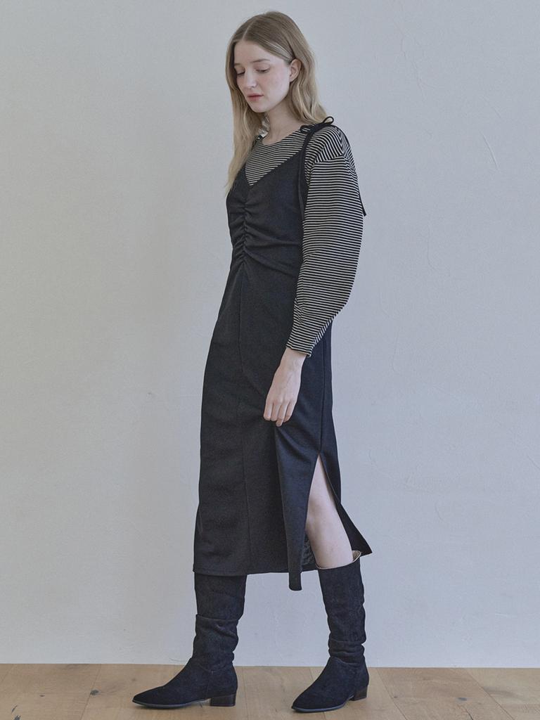 Avang Black Shirring Long Dress -Black