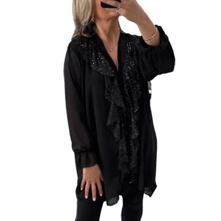 

V Neck Long Sleeve Chiffon Shirt Women Casual Tops Ruffle Trim Solid Color Loose Fit Single Breasted Regular Fit Blouse S чёрный