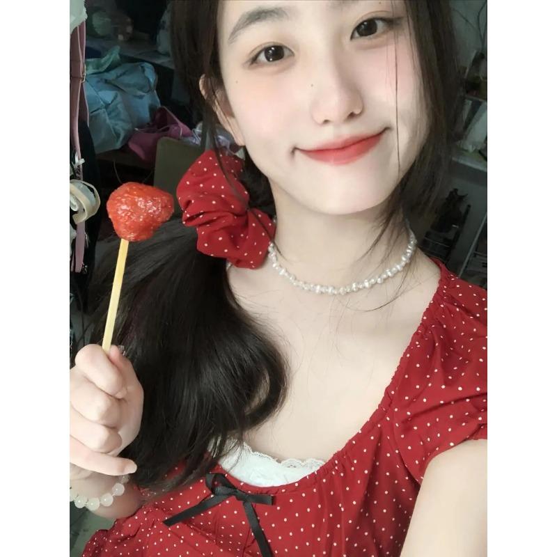 Korean Series Pure Desire BM Red Polka Dot Short sleeve T-shirt Women Summer Bow Small Man Pleat Puff sleeve Top Tide