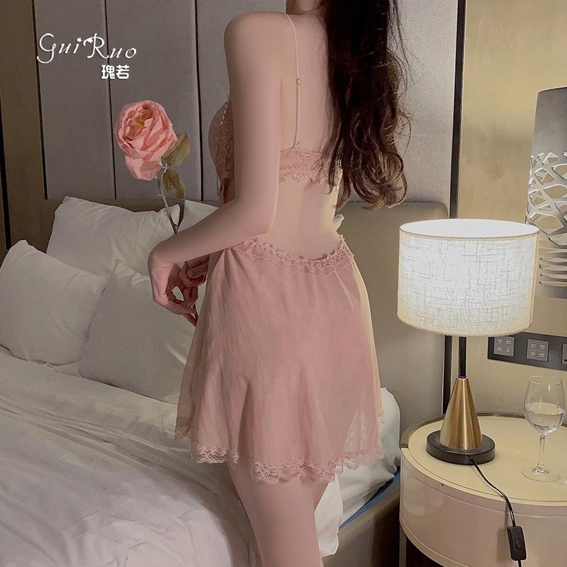 Women's Mesh Underwire Push Up Padded Backless Cami Sleep Dress Costume Set