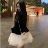 Seaside vacation French retro velvet splicing ballet dress princess mesh sleeveless vest dress tutu skirt