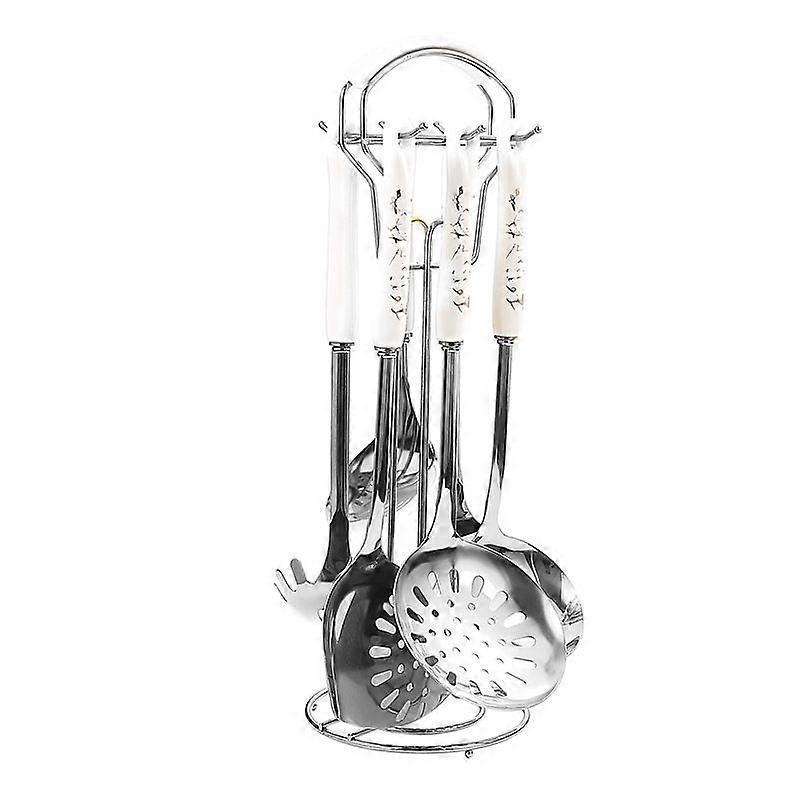 Steel Color White Handle - Line Pattern 7-piece Set (gift Box) Nordic Thick Stainless Steel Soup Spoon Colander Frying Pan Shovel Cooking Shovel