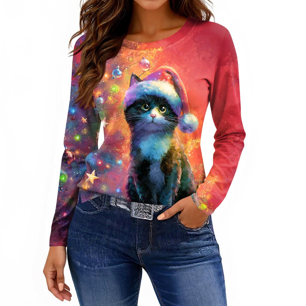 Women's Fashion Casual Slit Hem Round Neck Long Sleeve Loose Printed T-Shirt Ladies Top