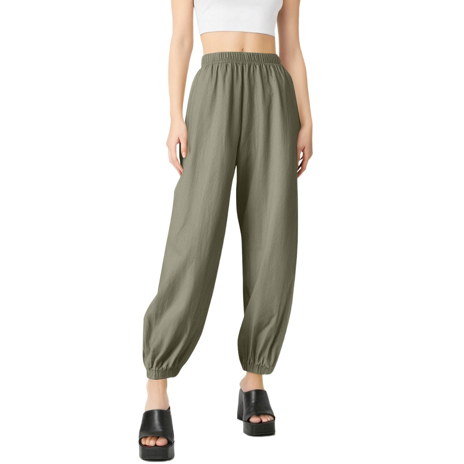 

Женские повседневные хлопковые и льняные однотонные длинные прямые брюки с эластичной талией M