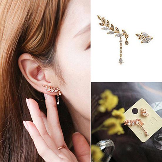 Ear Studs Asymmetric Anti-rust Women Leaf Rhinestone Tassel Earrings for Wedding