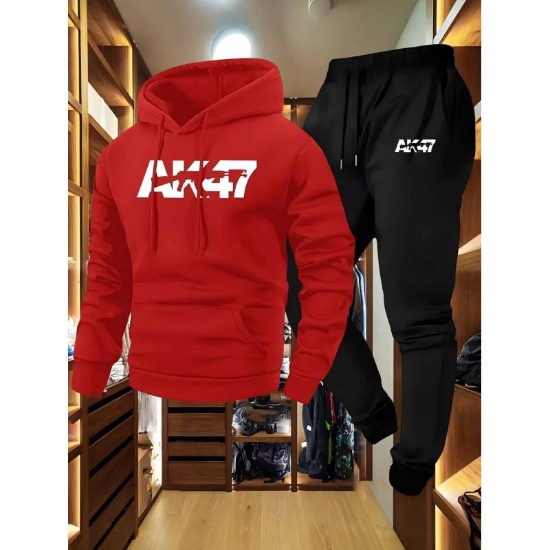 Mens Long Sleeve Hooded Sweatshirt Pants Set Letter AK Print Casual Sport Style Youth Fashion