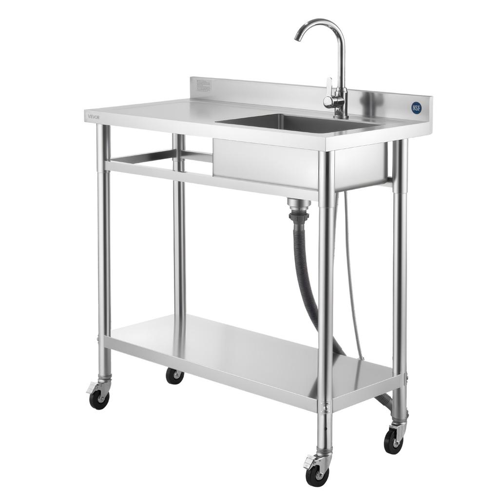 VEVOR Stainless Steel Utility Sink, Rolling Single Bowl Commercial Kitchen Sink with Wheels, Faucet and Hot & Cold Water Pipe