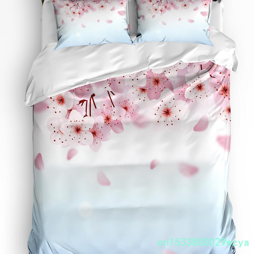 Bettwäscheset im japanischen Stil mit Sakura-Kirschblüten und rosa Blumen, 3-teilig, für Doppelbett, Heimtextilien, Bettbezug, Bettbezug, Kissenbezug