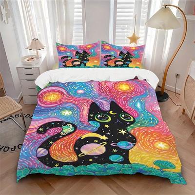 3pcs Cosmic Cat Soft Comfortable Bedding Set, For Bedroom, Guest Room And Dorm, All - Season Use, High-Definition Printing154
