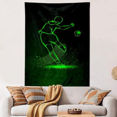 Glowing Green Soccer Player Illustration Patterned Tapestry Home Decor, Suitable for Bedroom and Living Room, Gift