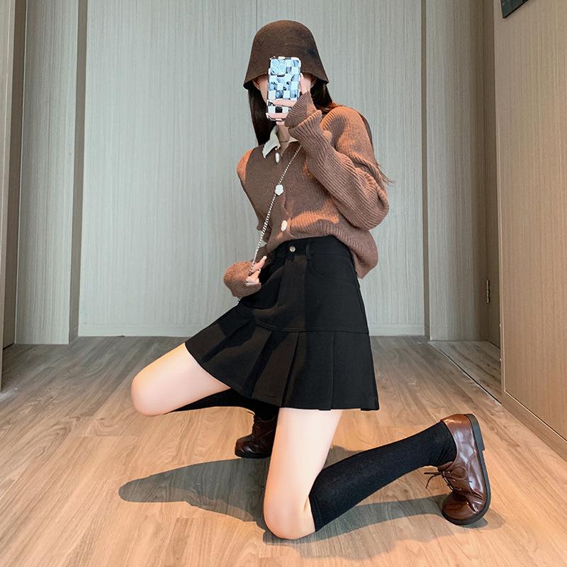 

Женская коричневая плиссированная юбка с высокой талией - мода осень/зима 2025 года, короткая повседневная юбка S чёрный