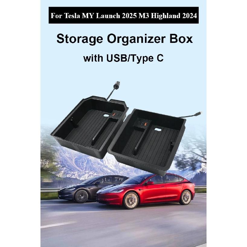 For Tesla Model 3 Y Juniper Highland Launch 2025 2026 Center Console Armrest Storage Organizer USB Type-C Charger Expansion Dock