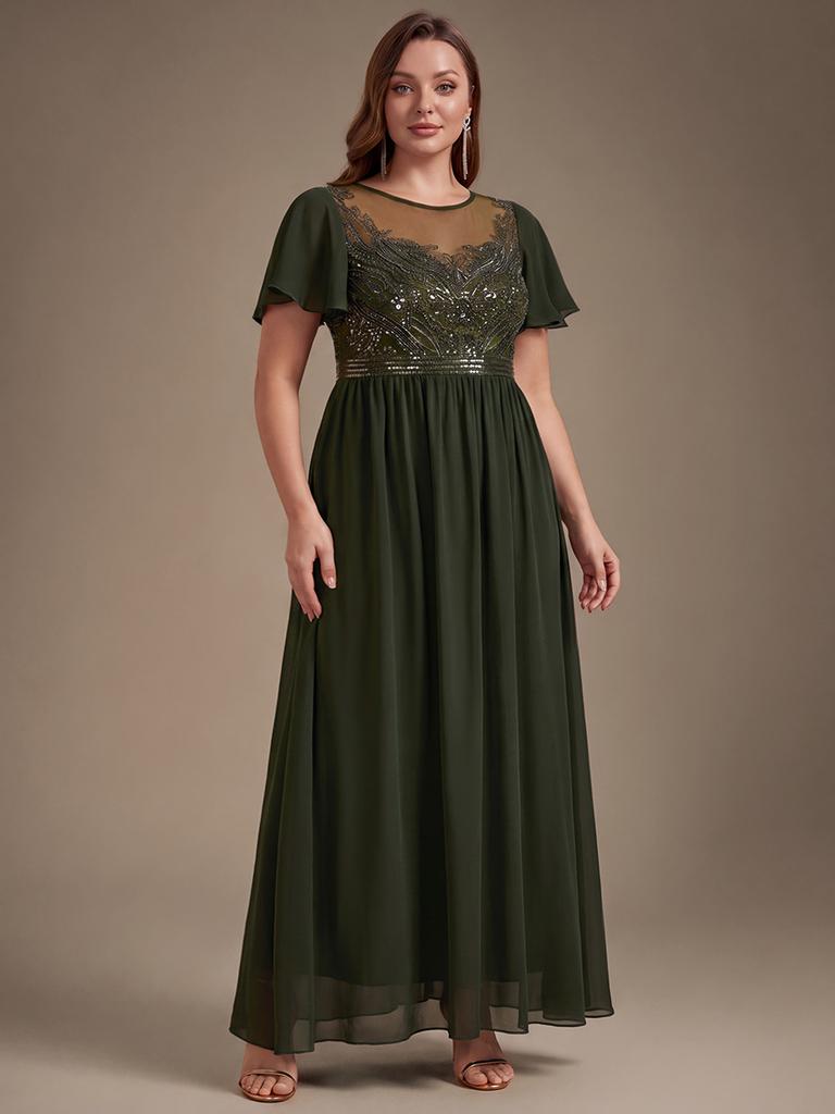 Ever-Pretty Damen Übergröße Perlenbesetztes A-Linien Maxikleid mit Fledermausärmeln Formelles Kleid mit Illusion Halsausschnitt