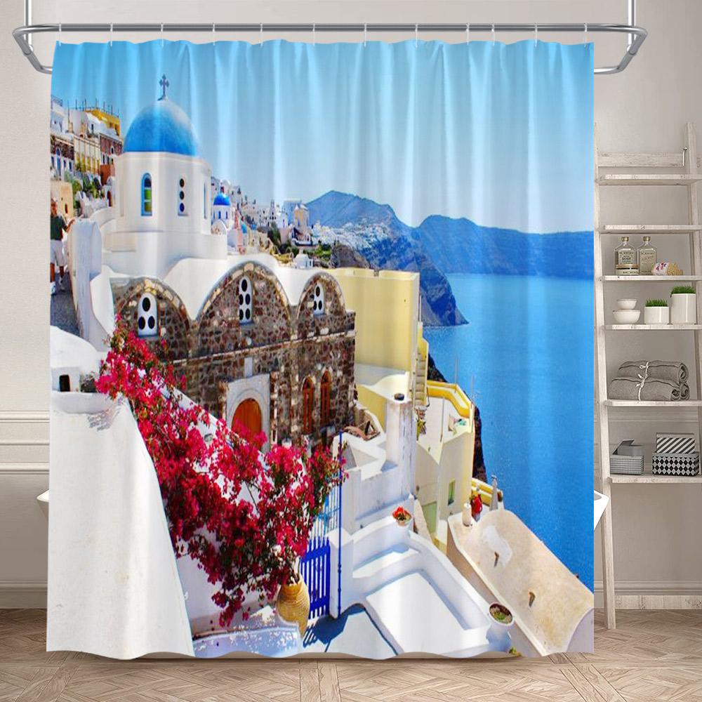 Seaside Townscape Shower Curtain Mediterranean Blue White Architectural Natural Flowers Ocean Polyester Bathroom Curtains Decor
