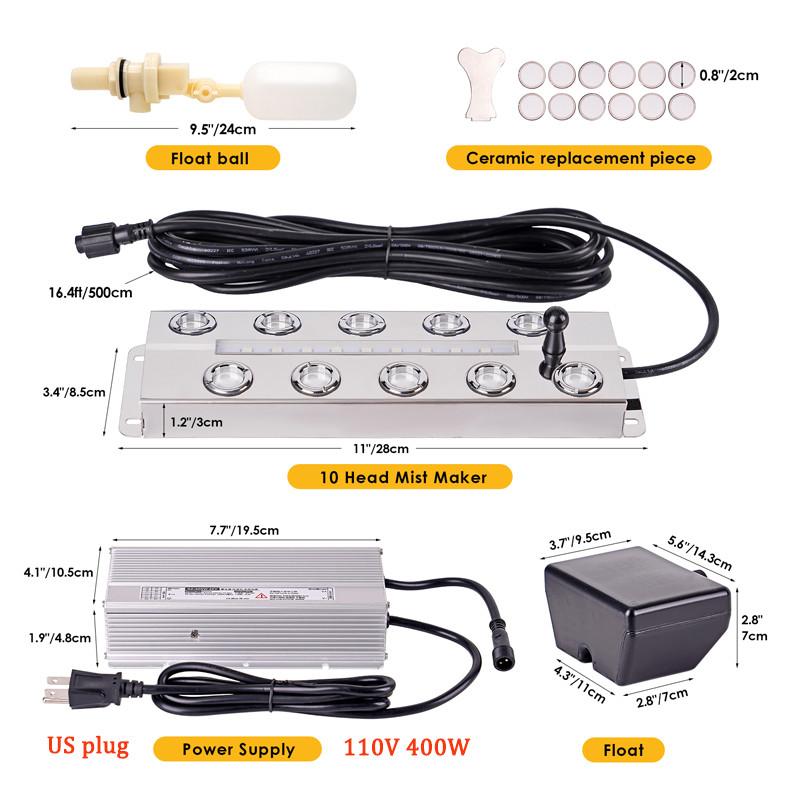 

10-головочный ультразвуковой генератор тумана бытовой из нержавеющей стали увлажнитель воздуха тепличный гидропонный фоггер со светодиодной подсветкой