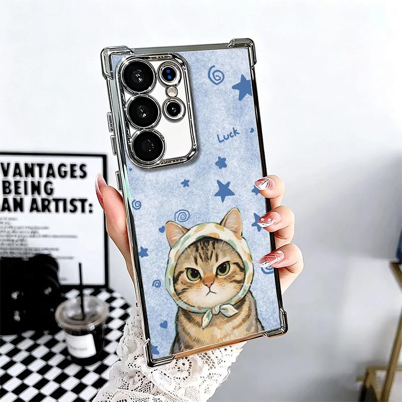Cute Floral Headscarf Kitten Plating Phone Case For Samsung Galaxy S24 S25 FE S26 Edge S23 Ultra S22 S21 Plus S20 Anti-Fall Aira