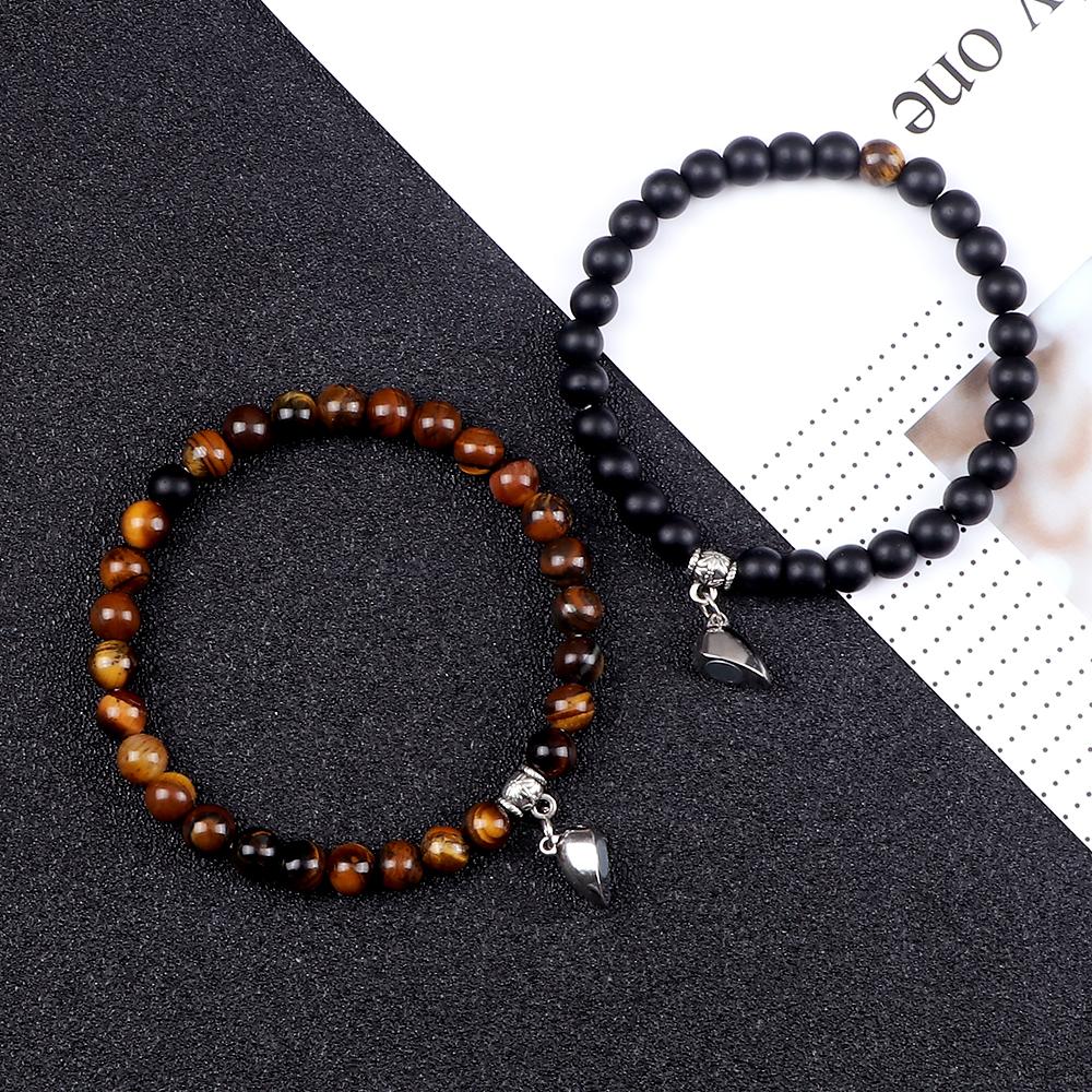2Pcs/Set Couple Magnet Heart Shape Pendant Bracelets 6MM Malachite Tiger Eye Bangles Love Relationship Pulsera Jewelry Gift New