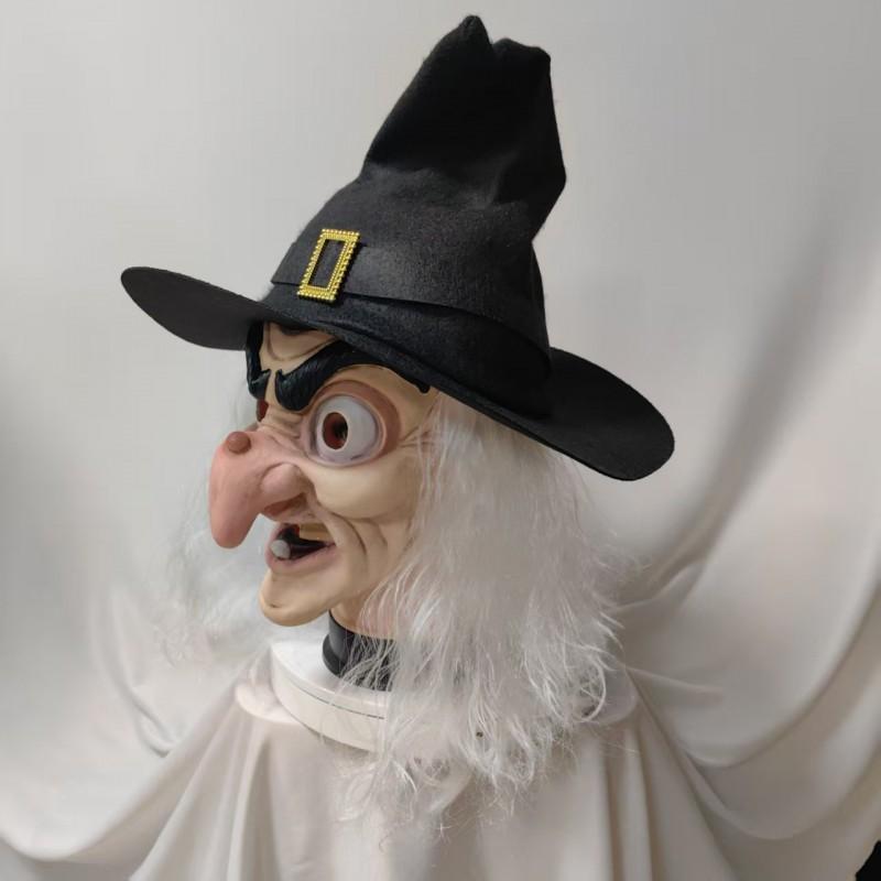 Halloweenská latexová čarodějnická maska s dlouhými vlasy a kloboukem Cosplay Party Vtipné rekvizity