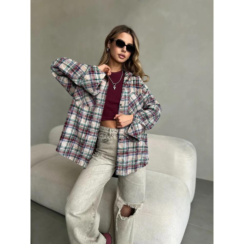 Women's Point Collar Long Sleeve Plaid Shirt Loose Fit Vintage Casual Pocket Blouse