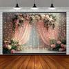 Pink Floral Wedding Arch Tapestry, Sheer Curtain with Lights Background Cloth, Romantic Party Backdrop