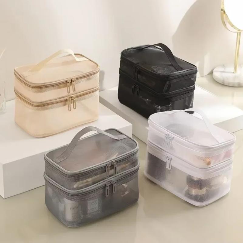 Breathable Mesh Cosmetic Bag Large Capacity Double Layer Anti-scratch Makeup Organizer for Business Trip Daily Travel