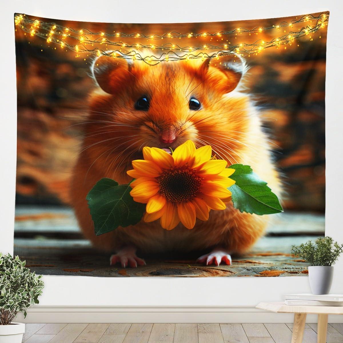 3D wall art tapestry featuring a hamster and sunflower 75x100 чёрный
