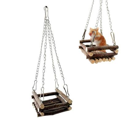 Hamster Swing Natural Wood Chew Toy Small Pet Hammock Hideout with Metal Hanging Chains for Guinea Pigs Gerbils Chipmunks