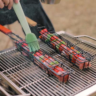 Stainless Steel BBQ Grill Basket with Wooden Handle Non-Stick Sausage Roasting Cage Multi-functional Grill Utensil for Outdoor Camping
