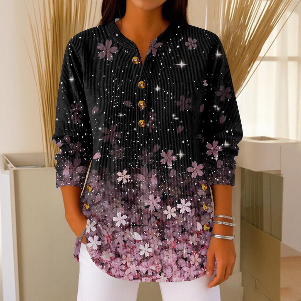 Damen Modisches Knopfkragen Langarm Weihnachtsdruck Pullover Top