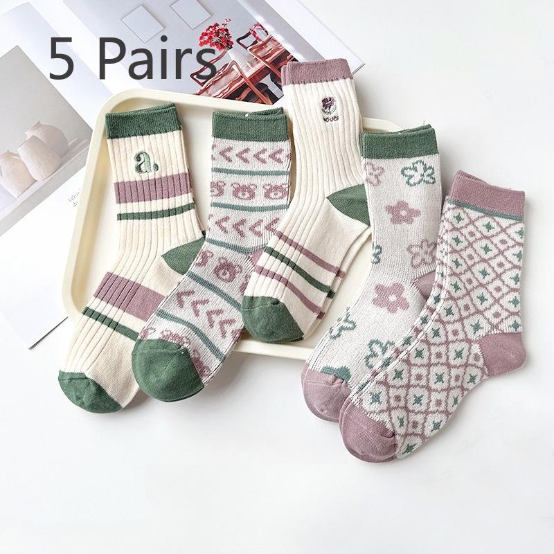 5 Pairs of Women's Autumn and Winter Warm Trend Embroidery Cylinder Stack Socks