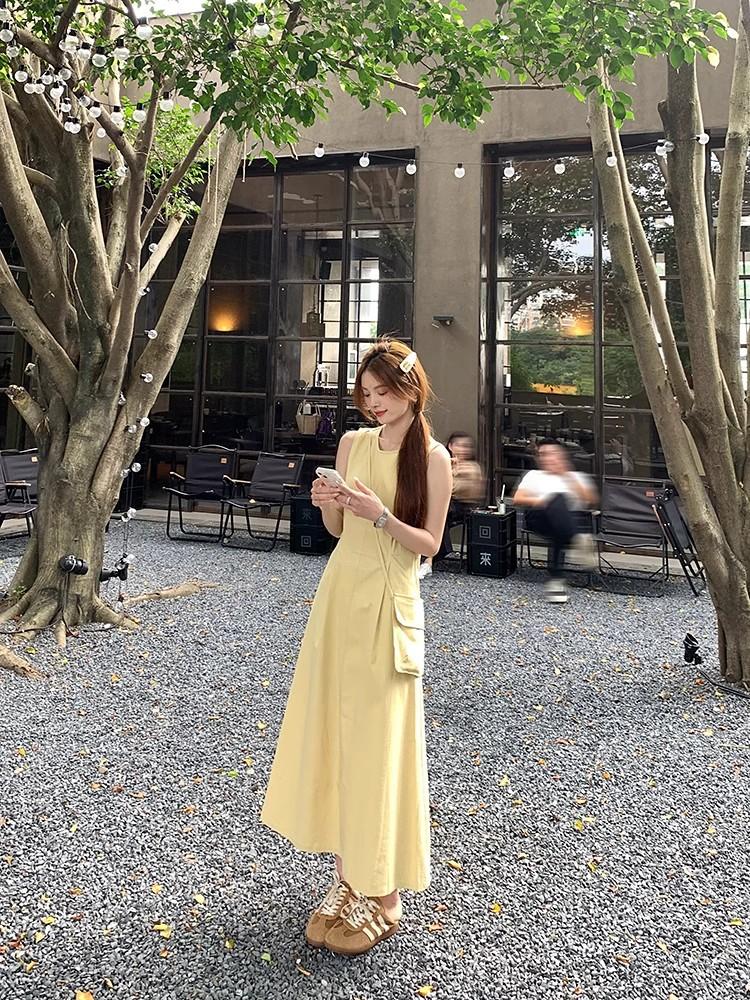 [Invisible zipper + small backpack] pure and gentle yellow dress women's summer round neck waist slimming A-line back