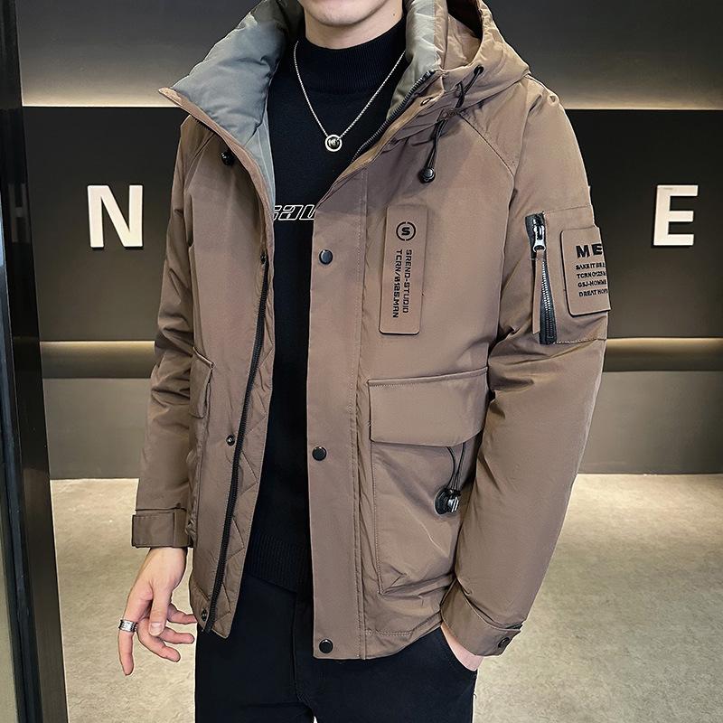 Winter new down jacket men's short hooded jacket short hooded tooling trendy brand white duck down thermal top men