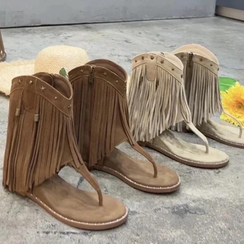 Fashion Studded Sandals Women's Shoes Flip Flops Low Heel Tassel Summer Roman Shoes Luxury Corrective Toe Clip Boots New Style