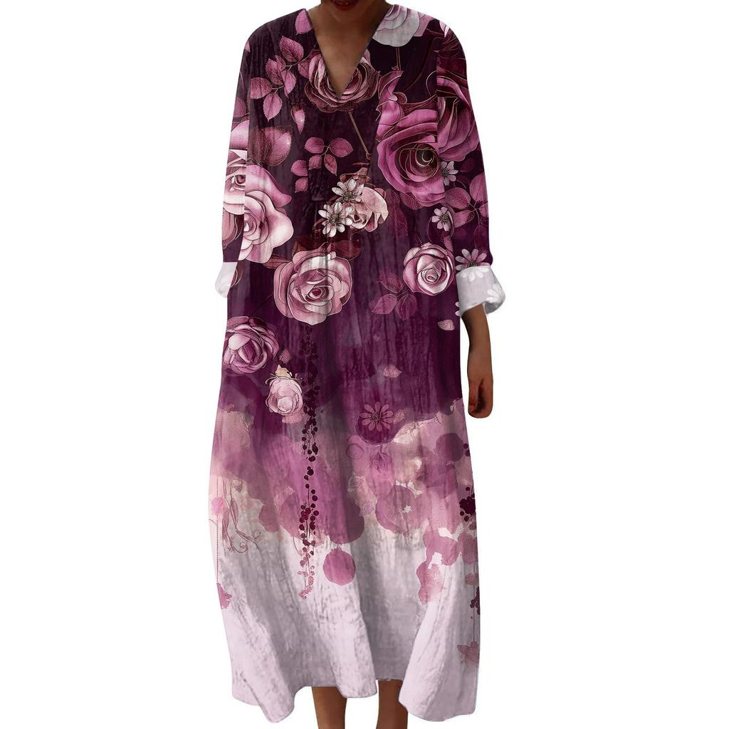 Women's Casual And Fashionable V-Veck Printed Long Sleeved Dress Long Sleeved Dress