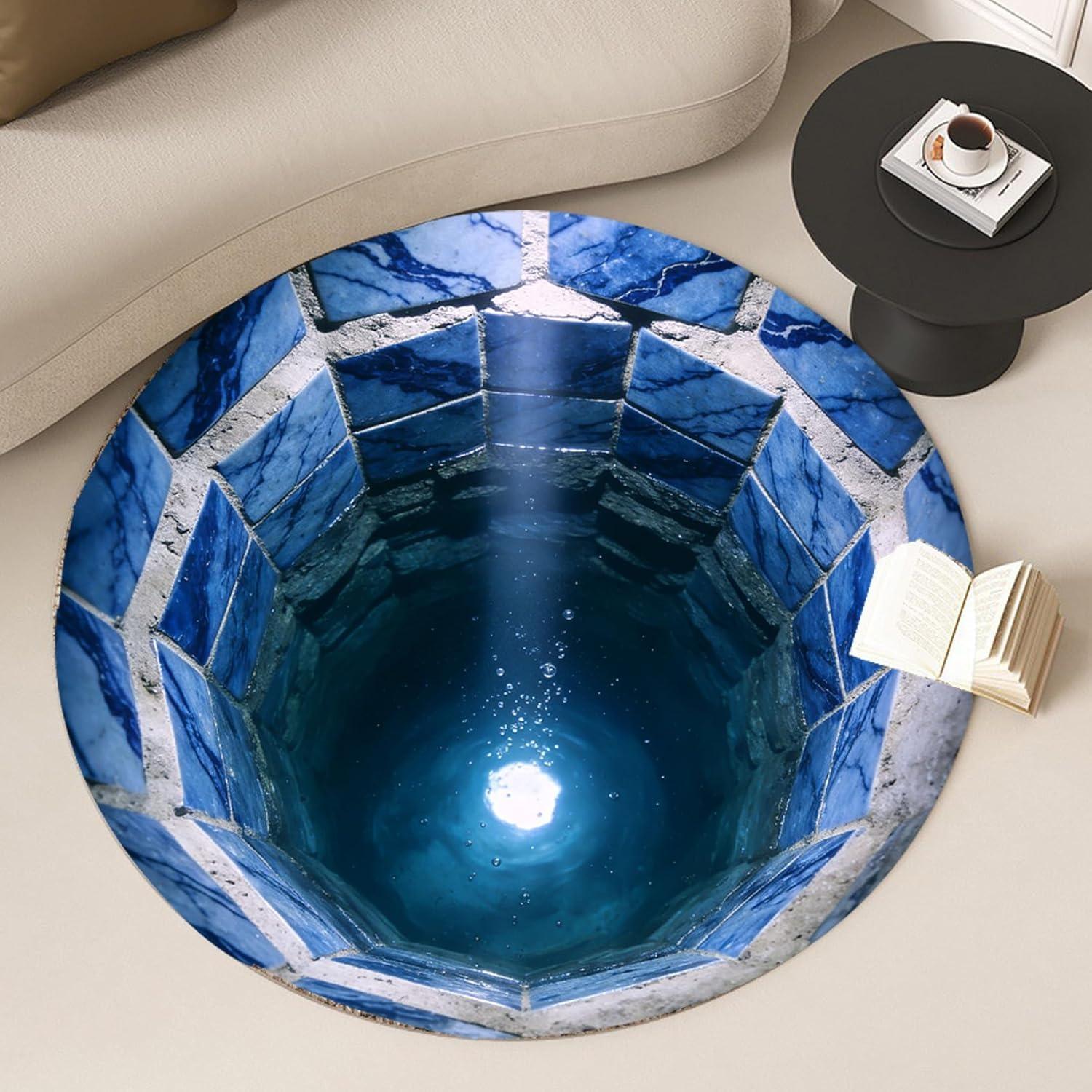 

2D Print Cave Water Hole Theme Round Rug Soft Non-Slip Green Moss Plant Print Carpet Modern Home Decor Floor Mat for Living Room 80cm x 80cm