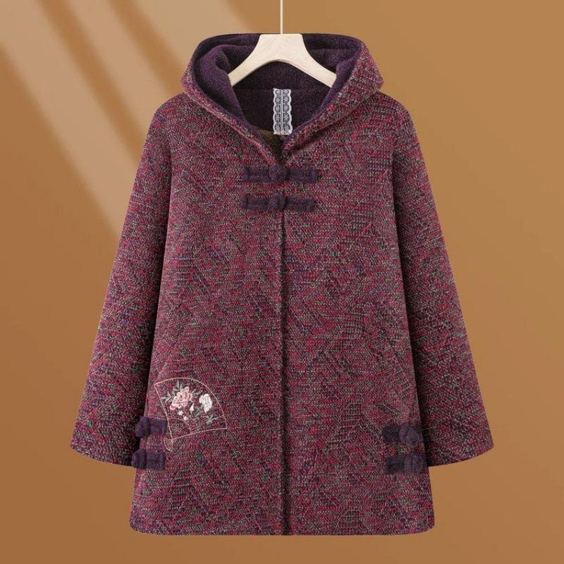 Mom's winter clothes, piled and thickened hooded jackets, elderly women's autumn and winter long temperament coats, cotton clothes