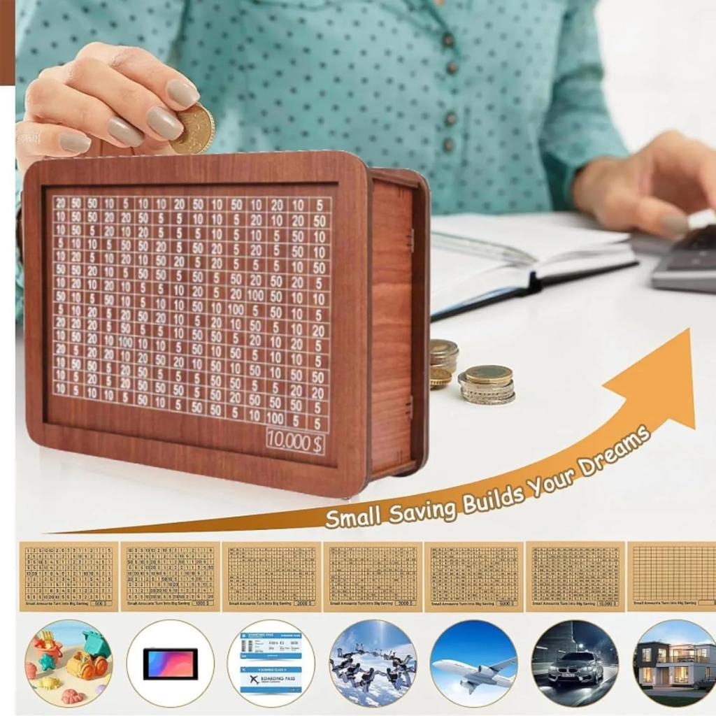 Wooden Piggy Banks, Dollar Cash Boxes, Reusable Assembled Cash Boxes, Home Decor, with Savings Goals and Numbers