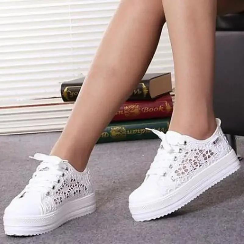 Fashion 2024 New Lace Shoe Mesh Sneakers Platform Flat Vulcanized Shoes Zapatos De Mujer Summer Women White Casual Autumn Zapatillas