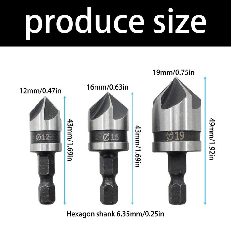Precise Woodworking Chamfer Tool 5 Flute Hexadecimal Shank Countersink Drill Bit Set For Clean Countersinks 3Size