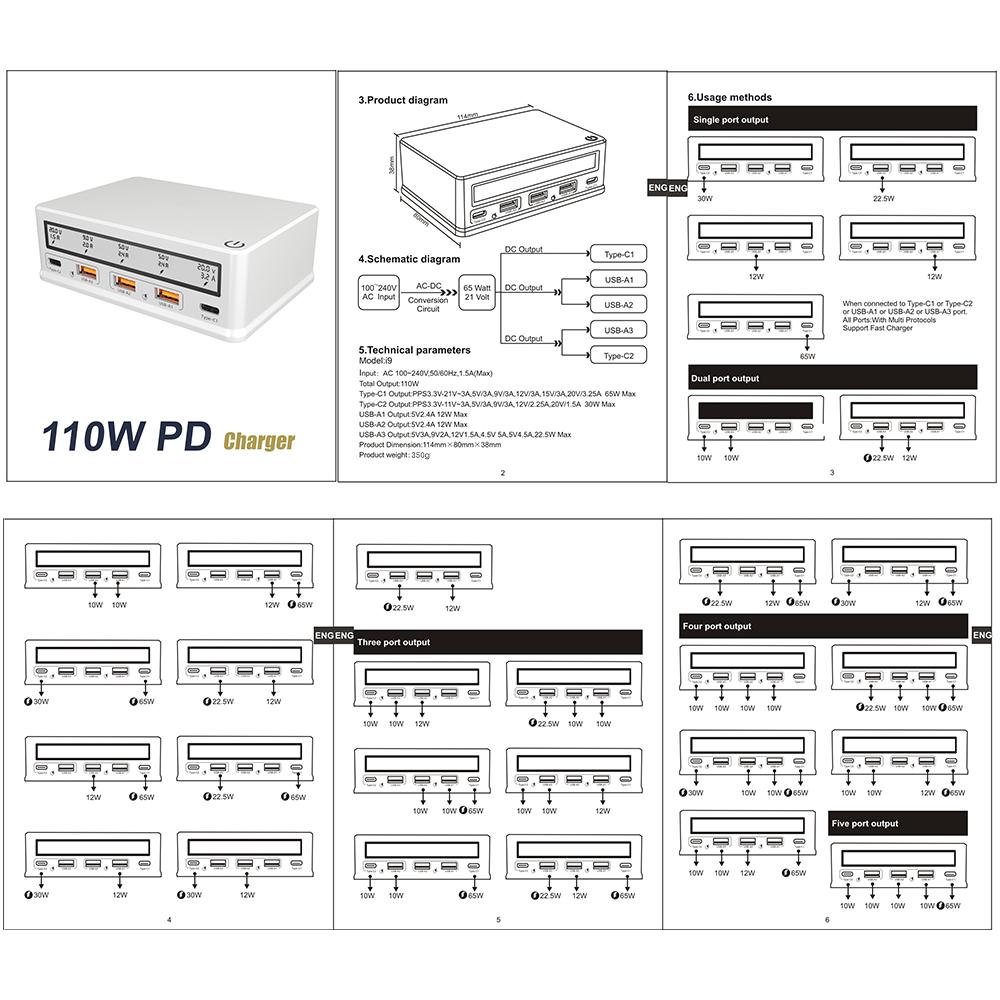 Încărcător de perete USB 110W Stație de încărcare USB cu 5 porturi Încărcător hub USB cu mai multe porturi LCD dimensiune compactă