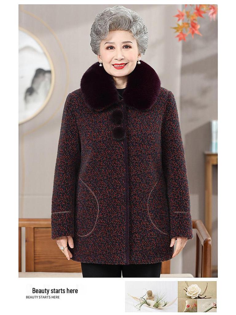 Elderly Women's Mid-Length Winter Coats: Cotton Padded, Fleece-Lined Outerwear