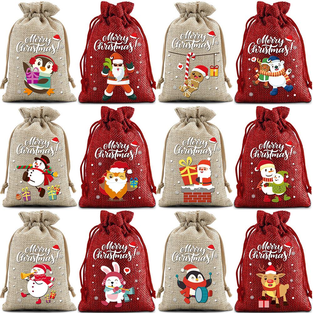 12pcs Christmas Linen Drawstring Bag Drawstring Bag Gift Bag Cloth Bag Christmas Gift Bag Set Drawstring Bag